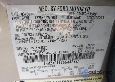 2006 Ford Freestyle Se from USA, damaged, VIN 1FMZK01116GA47557